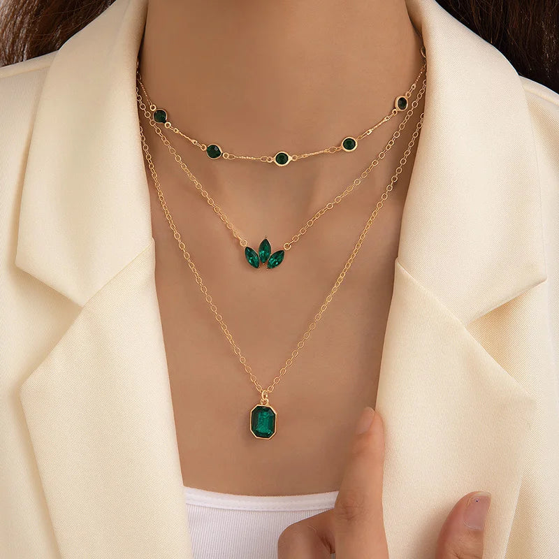 Tocona Luxury Leaf Grass Green Crystal Stone Layered Necklace – Adjustable Alloy Jewelry for Women