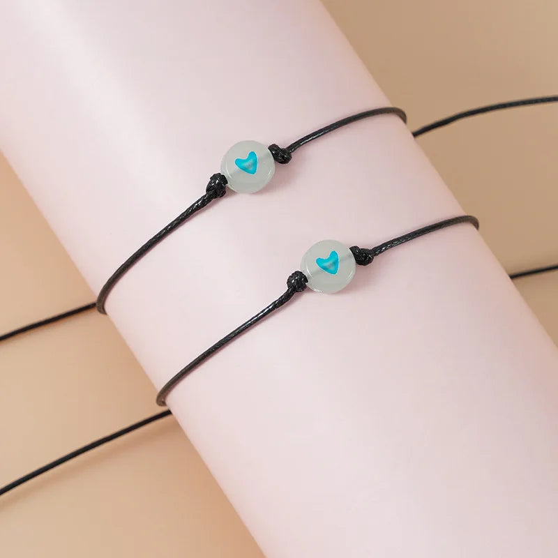 2Pcs Pinky Promise Couple Bracelets – Luminous Heart Bead Braided Friendship Jewelry for Kids