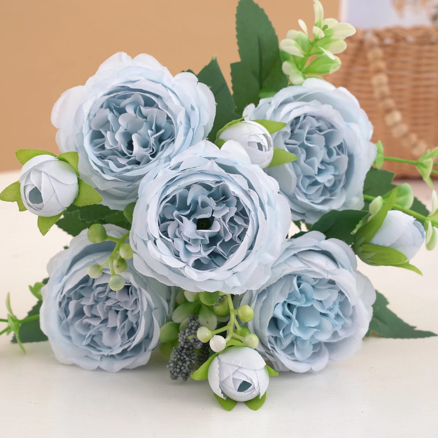 30cm Rose Pink Peony Silk Bouquet – Artificial Flower with 5 Big Heads & 4 Small Buds for Weddings and Home Decor