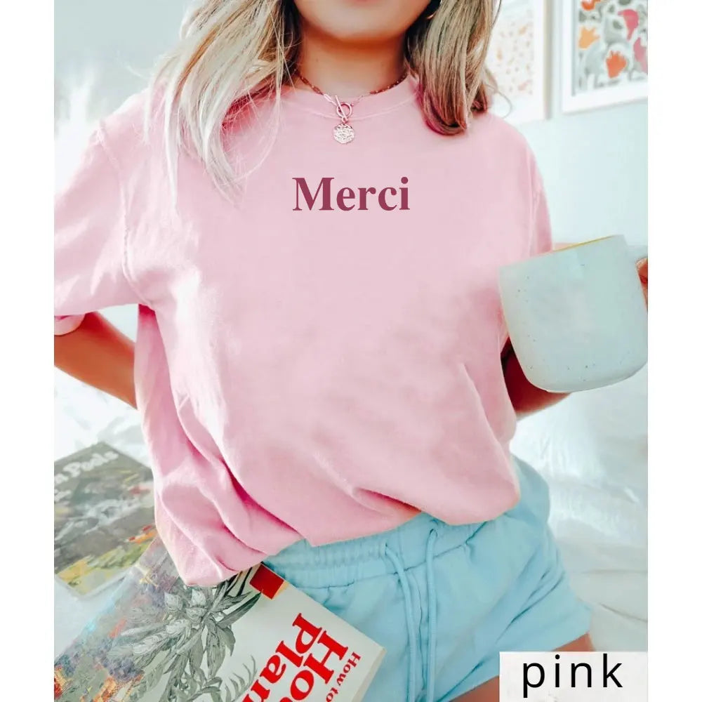 Merci Letter Print Cotton T-Shirt – Women’s Loose Casual Elegant Summer Tee