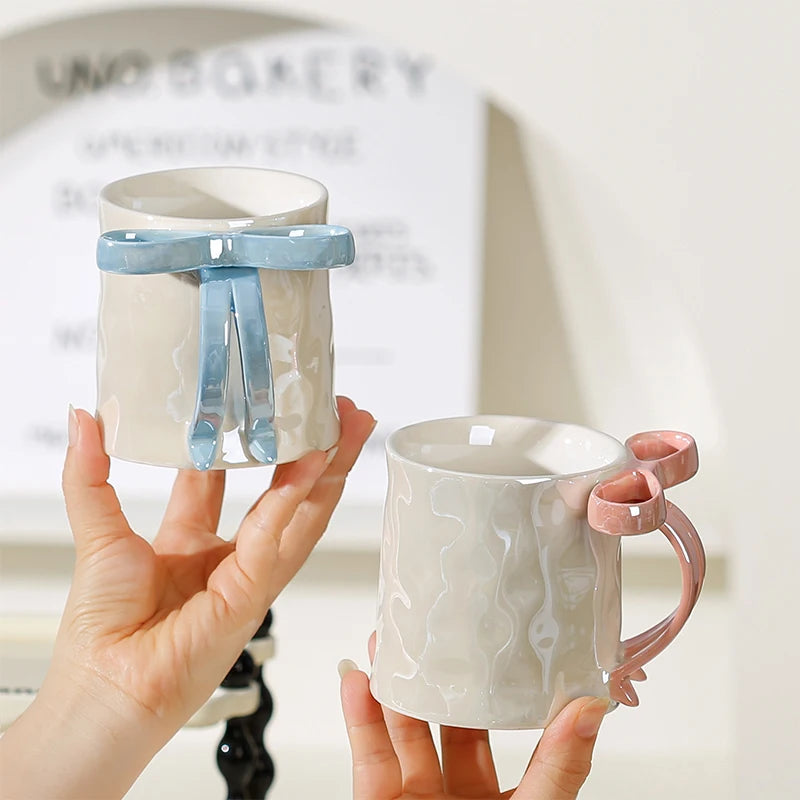 Kawaii Pearl Glazed Ceramic Mug with Bow Handle, 350ml Coffee Milk Tea Cup, Valentine's Day Gift, Gift Box Packaging
