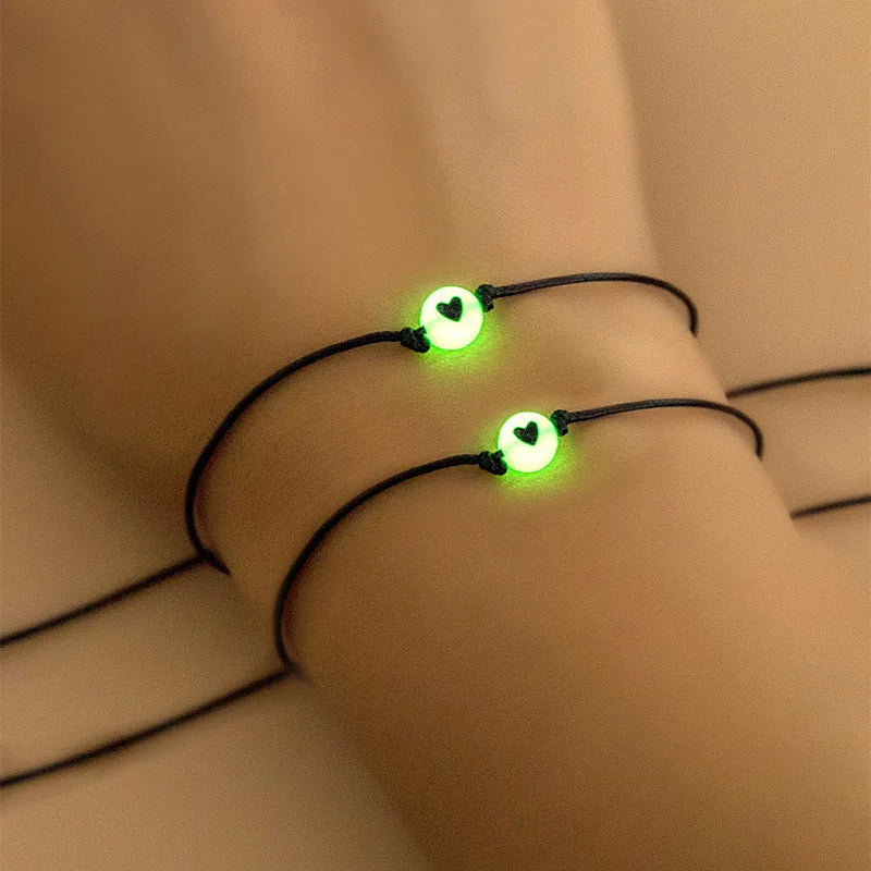 2Pcs Pinky Promise Couple Bracelets – Luminous Heart Bead Braided Friendship Jewelry for Kids