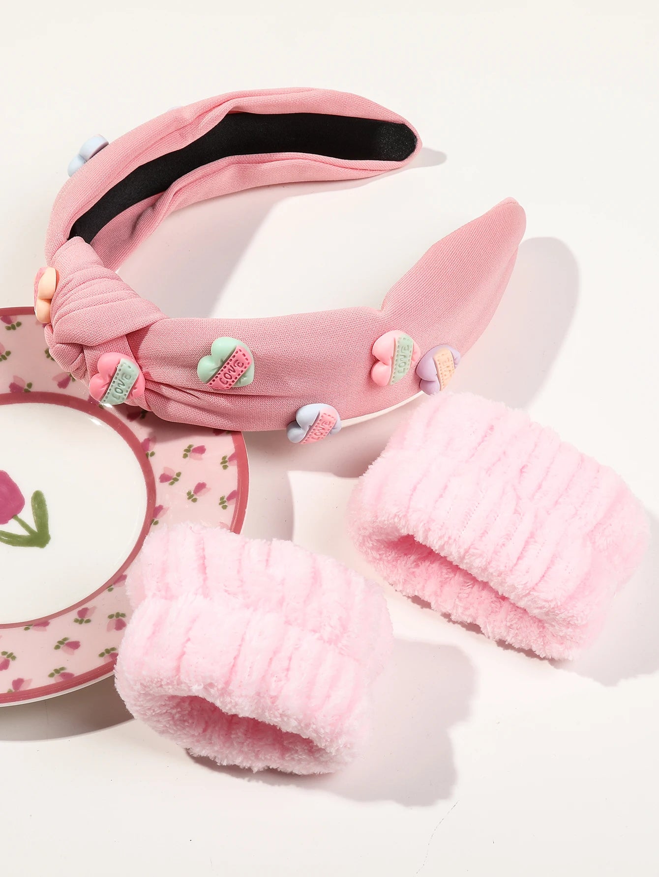 3-Pack Valentine’s Day Hairband Set – Red Spa Makeup Headbands and Face Washing Wristbands for Women