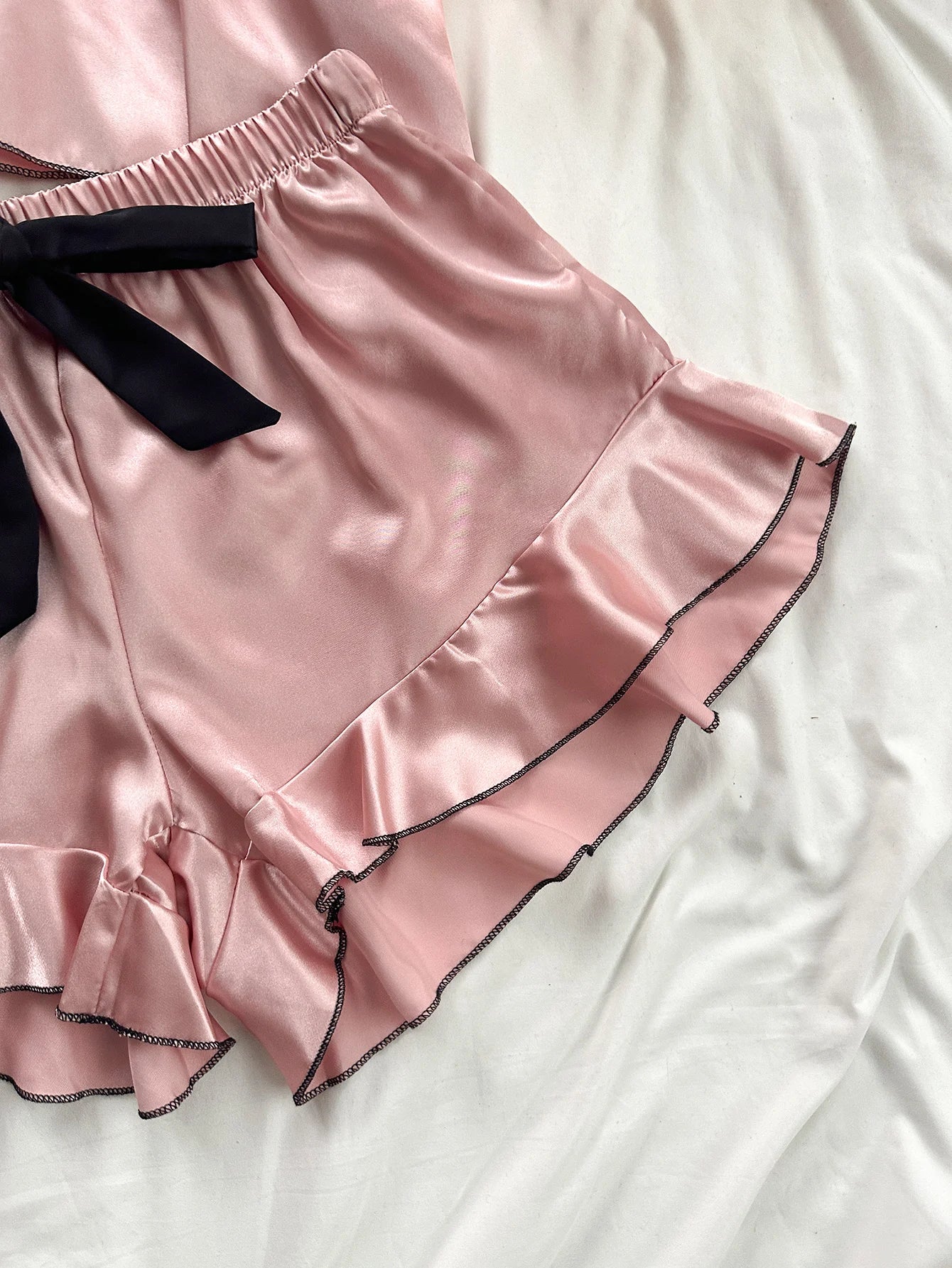 Luxurious Women’s Satin Pajama Set – V-Neck Ruffle Top & Bow Shorts