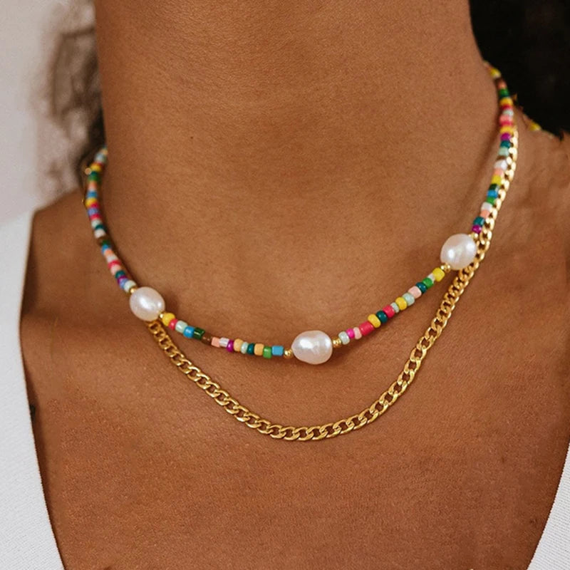 Bohemian Multilayer Handmade Beads Chain Necklace – Colorful Crystal Pendant with Tassels for Women