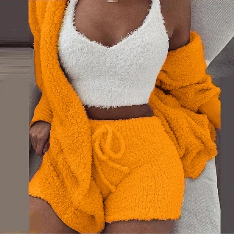 Fluffy Pajamas Set for Women – 3-Piece Winter Lounge Set with Tank Top, Shorts, and Hoodie
