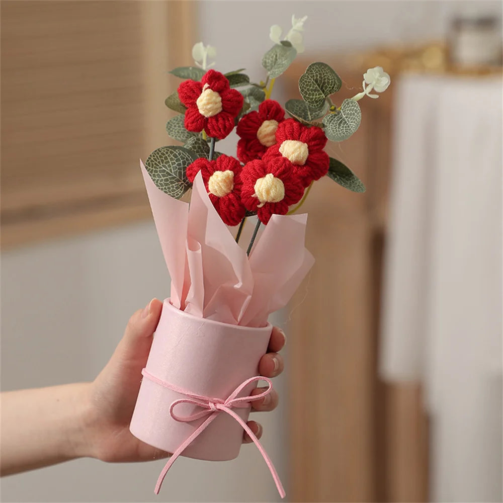 5PCS Knitted Flowers Puff Bucket Bouquet – Woolen Handcrafted Flowers for Valentine’s Day, Weddings, and Gifts