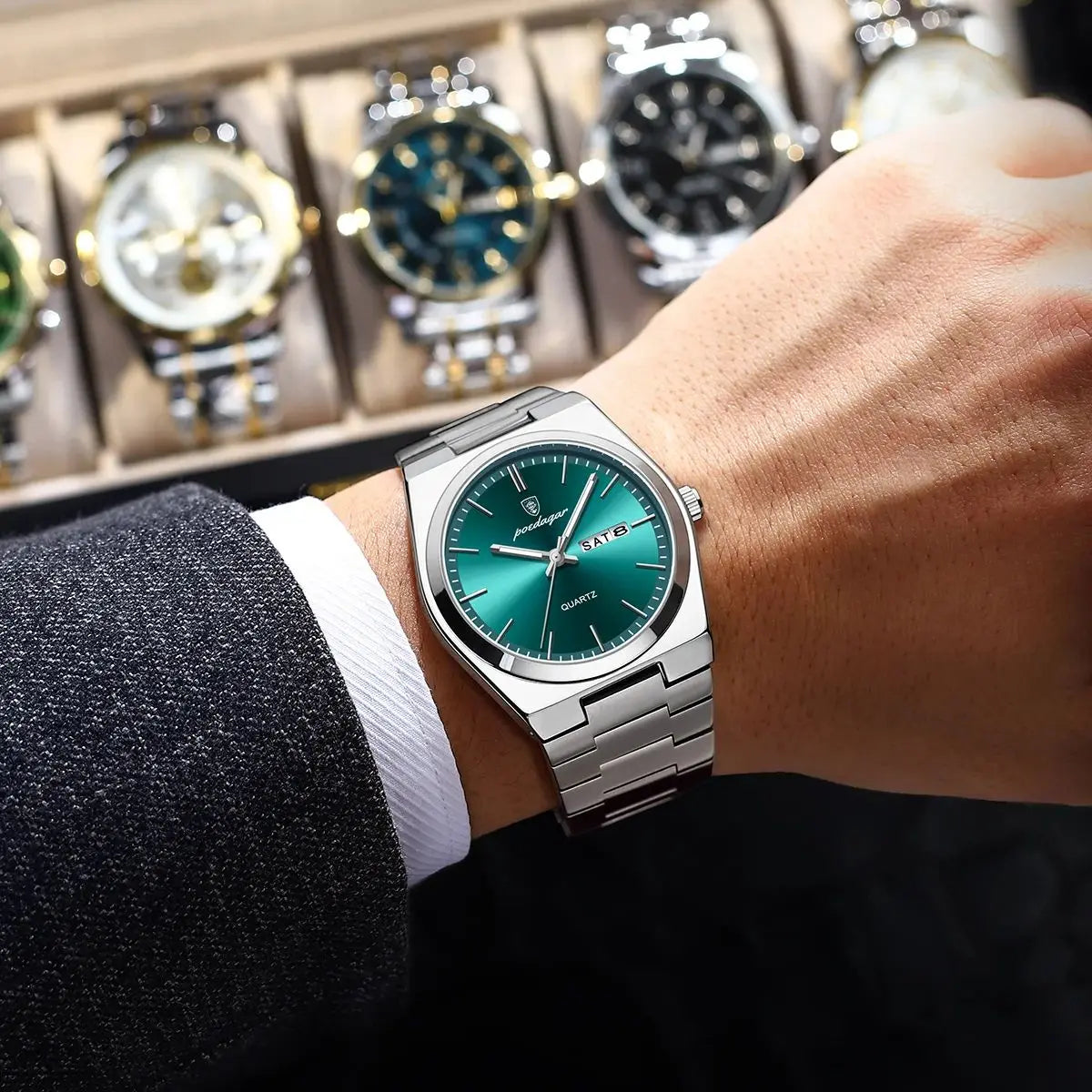 POEDAGAR Luxury Quartz Wristwatch for Men – Waterproof Stainless Steel Sport Watch with Luminous Hands, Date & Week Display, Gift Box Included