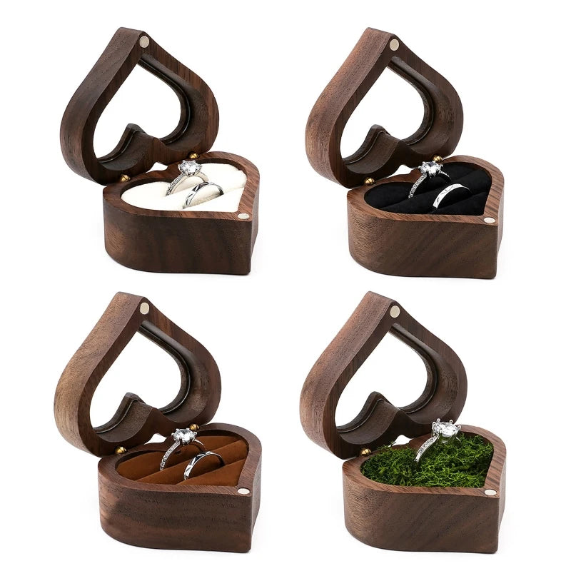 Heart-Shaped Transparent Walnut Ring Box