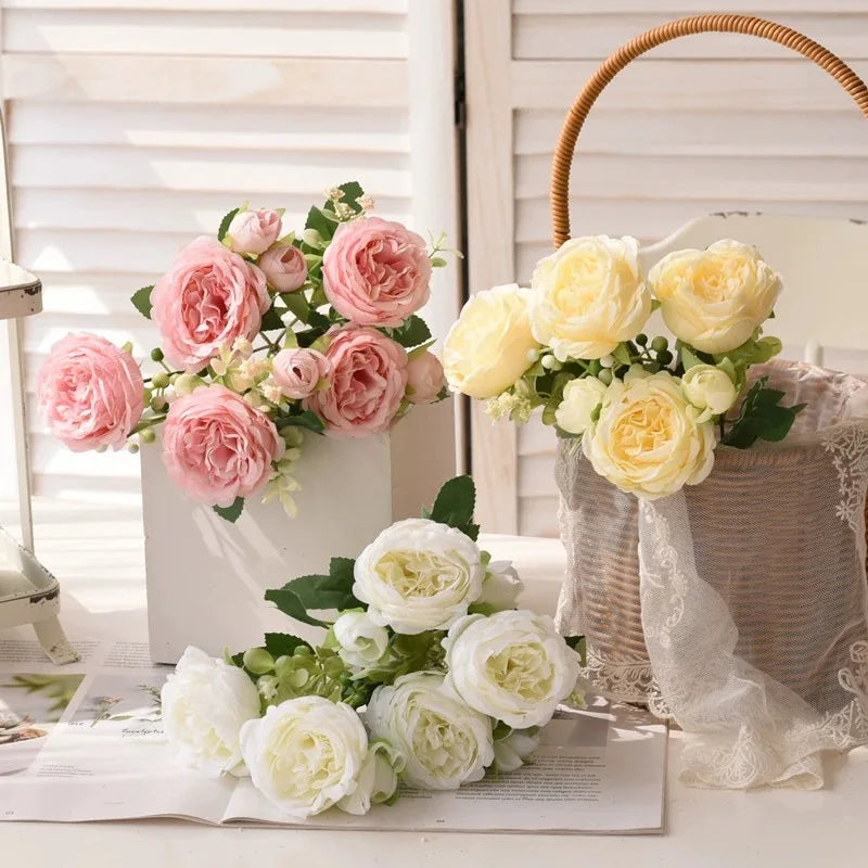 30cm Rose Pink Peony Silk Bouquet – Artificial Flower with 5 Big Heads & 4 Small Buds for Weddings and Home Decor