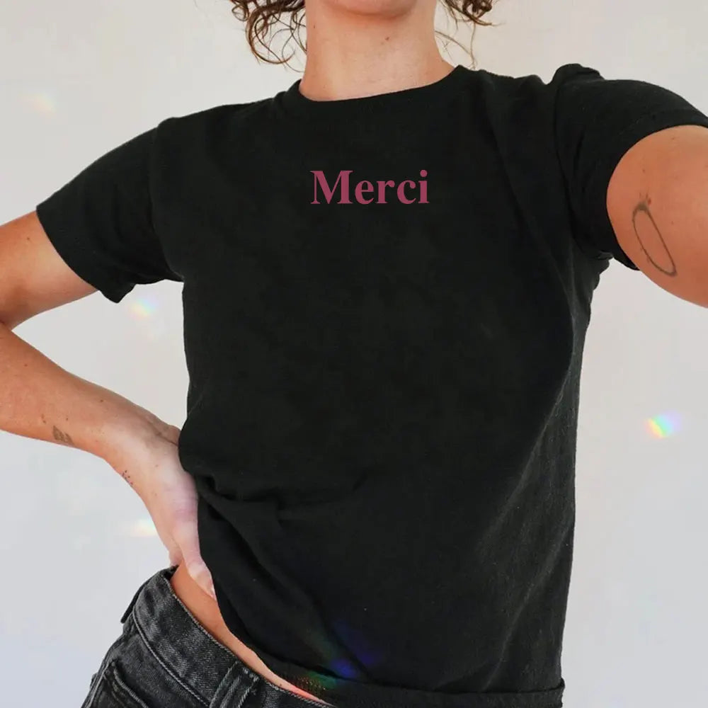 Merci Letter Print Cotton T-Shirt – Women’s Loose Casual Elegant Summer Tee