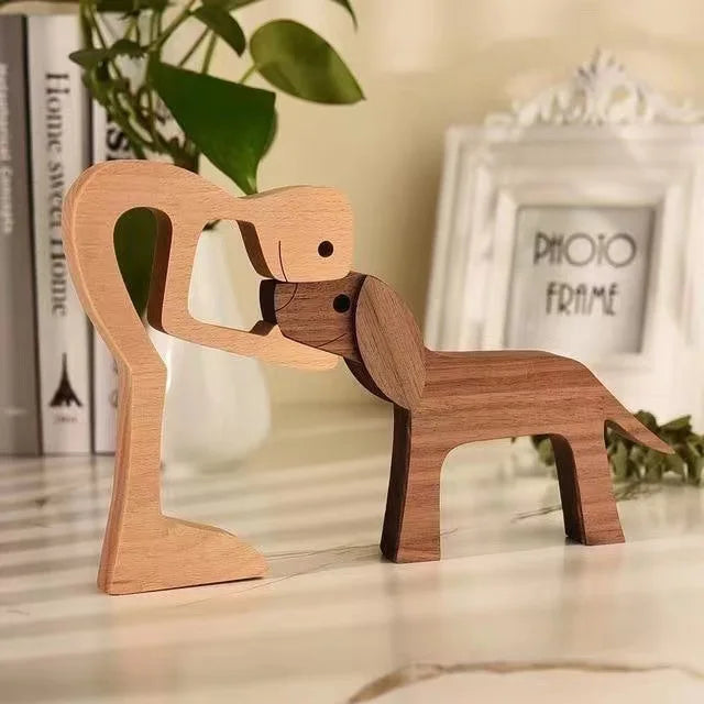 Family Puppy Wood Figurine – Hand-Carved Dog Craft for Home Decor and Gifts