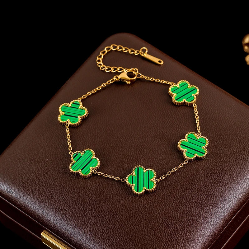 GANEMLY 316L Stainless Steel 4-Color Five-Leaf Clover Jewelry Set – Necklace, Bracelet, and Earrings for Women