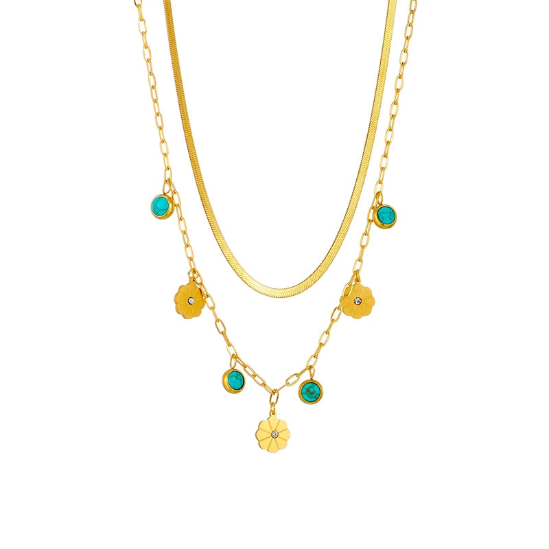 DIEYURO 316L Stainless Steel 2-Layer Necklace – Green Stone Flower Pendant for Women’s Fashion Jewelry