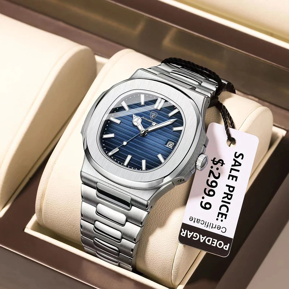 POEDAGAR Luxury Men's Square Quartz Watch – Stainless Steel, Waterproof, Luminous Hands, Date Display, Fashion & Casual 2024