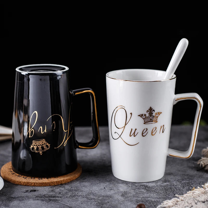 2-Piece Ceramic Couple Mug Set with Lids & Spoons – King & Queen Design for Valentine's Day, Wedding, or Birthday Gifts – 400ml