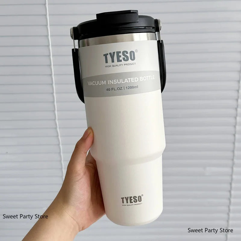 600ml–1200ml Stainless Steel Insulated Thermos Bottle – Leak-Proof Travel Mug with Handle and Straw for Hot and Cold Beverages