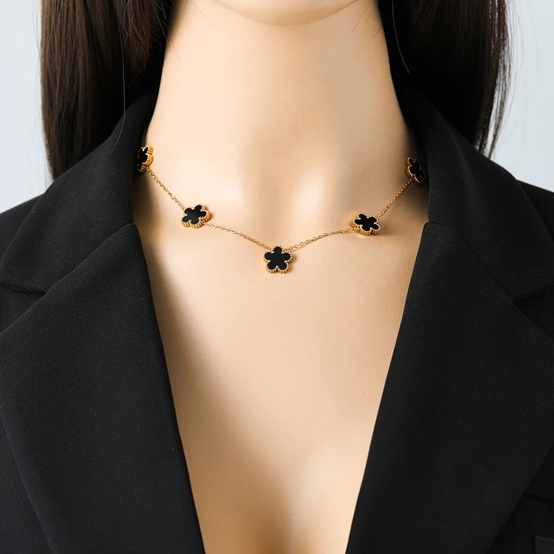 GANEMLY 316L Stainless Steel 4-Color Five-Leaf Clover Jewelry Set – Necklace, Bracelet, and Earrings for Women