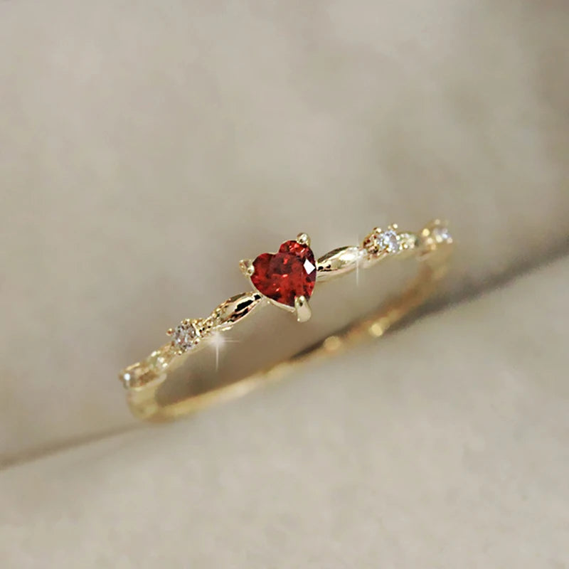 Huitan Exquisite Red Love CZ Engagement Proposal Ring – Thin Band Aesthetic Jewelry for Women