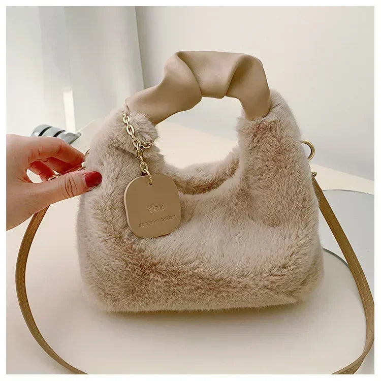 Women’s Faux Fur Plush Handbag – Ruched Handle Small Shoulder & Crossbody Tote for Winter