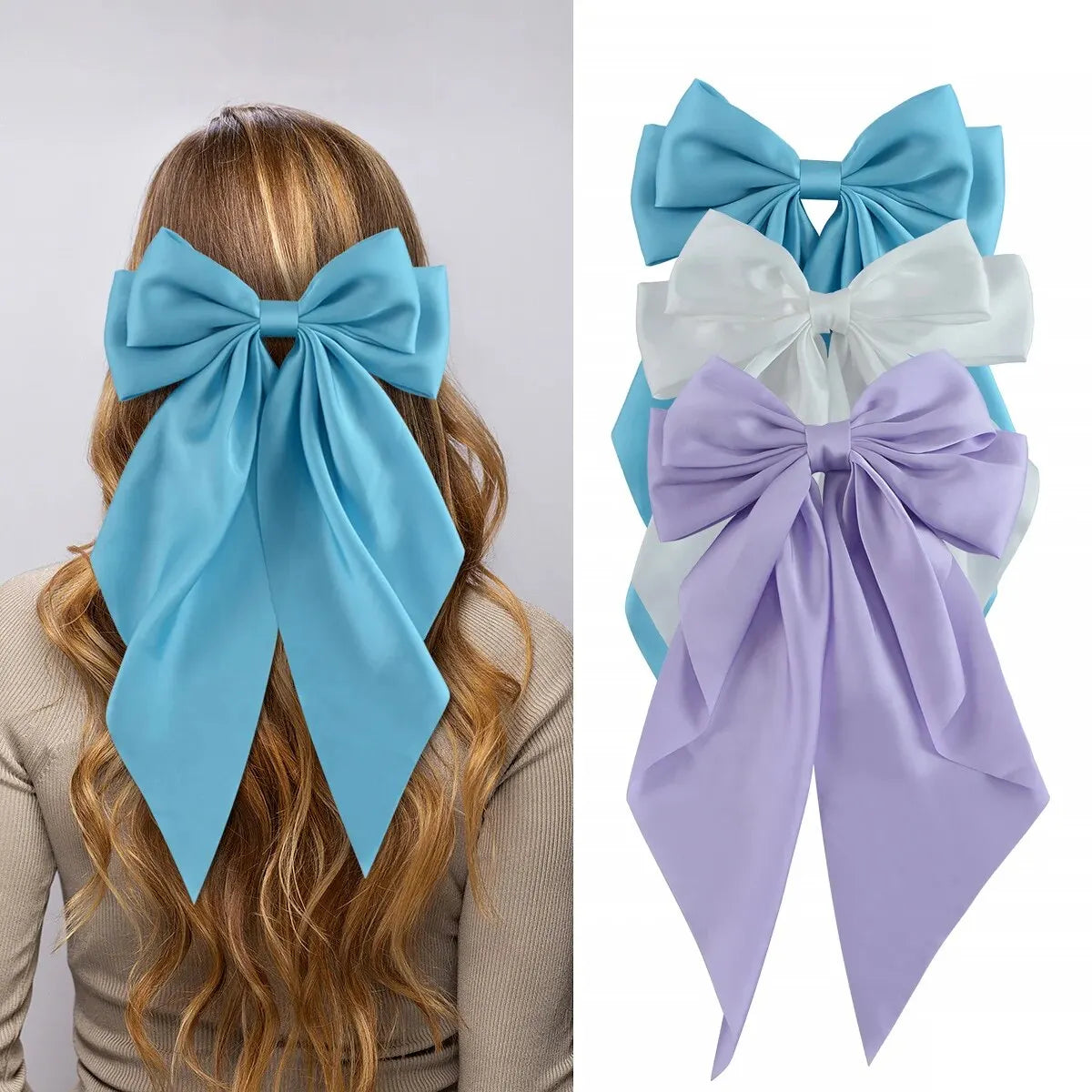 3Pcs Large Satin Ribbon Bow Hair Clips – Elegant Solid Color Hair Accessories for Women