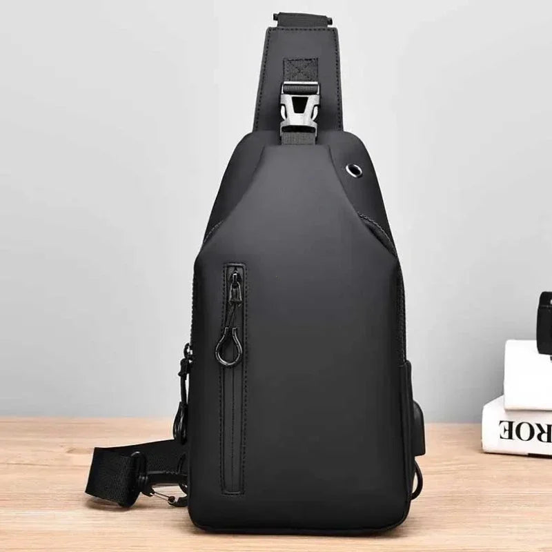 UrbanEdge Nylon Crossbody Bag – Stylish Men's Chest Bag with USB Charging, Solid Color, Versatile for Outdoor and Casual Us