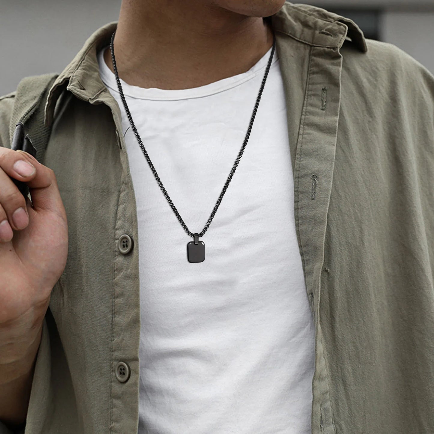 Geometric Men's Waterproof Stainless Steel Square Pendant Necklace with Box Chain