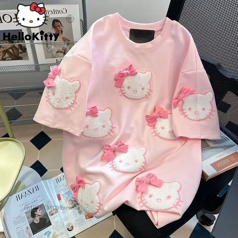Tiktok Pink Hello Kitty T-Shirt – Loose Summer Sweet Girl Cartoon Top