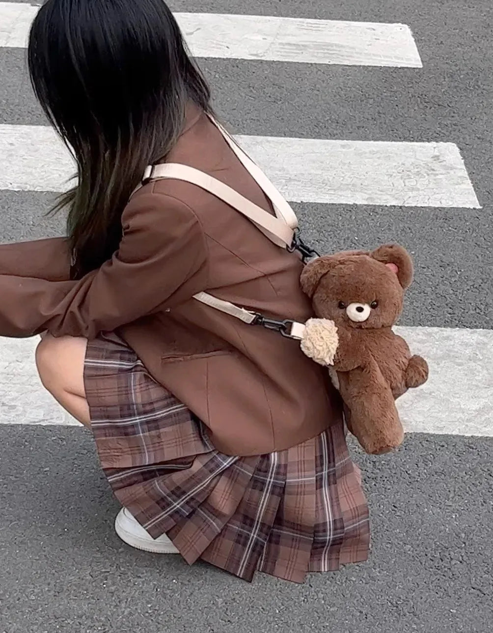 Cute Little Brown Bear Shoulder Bag – Plush Cartoon Doll Backpack for Girls
