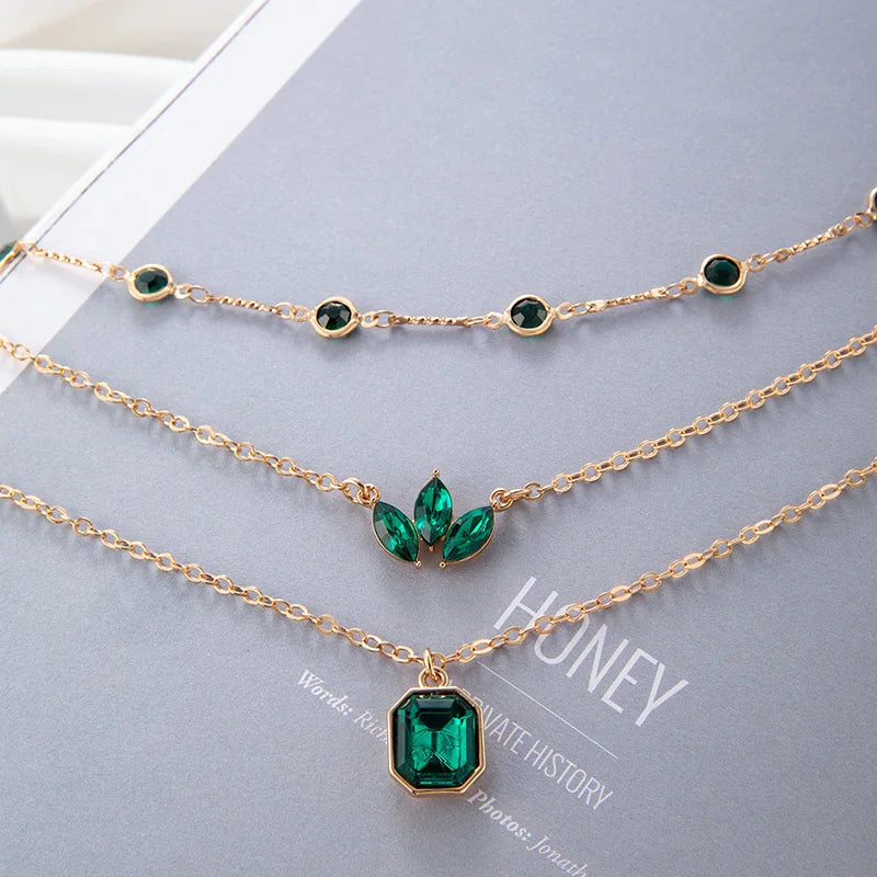 Tocona Luxury Leaf Grass Green Crystal Stone Layered Necklace – Adjustable Alloy Jewelry for Women