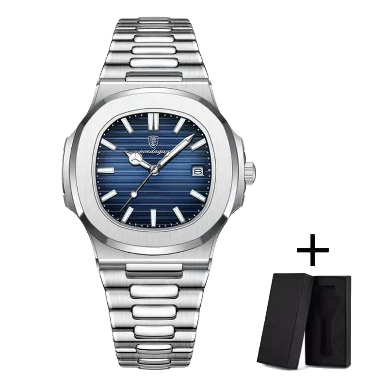 POEDAGAR Luxury Men's Square Quartz Watch – Stainless Steel, Waterproof, Luminous Hands, Date Display, Fashion & Casual 2024