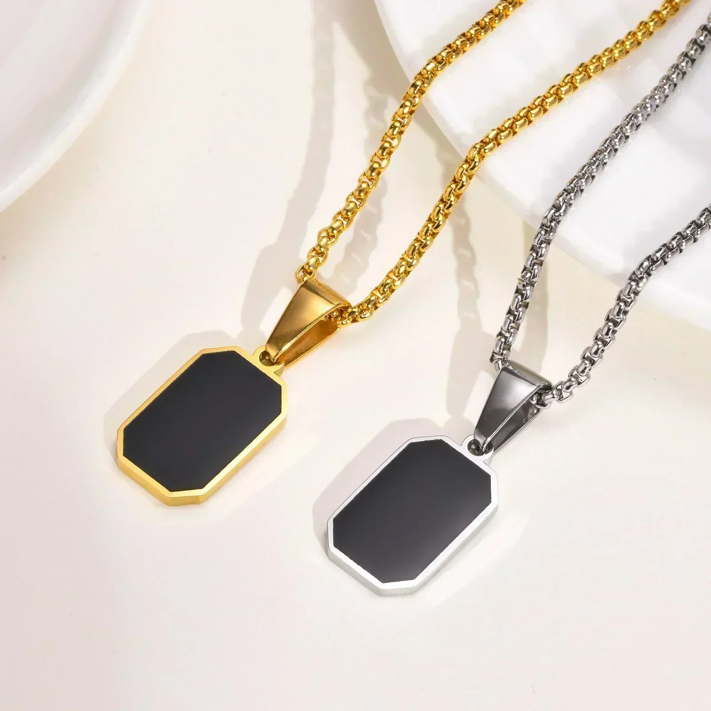 Gold Geometric Square Necklace for Men – Black Enamel Rectangle Pendant Stainless Steel Chain
