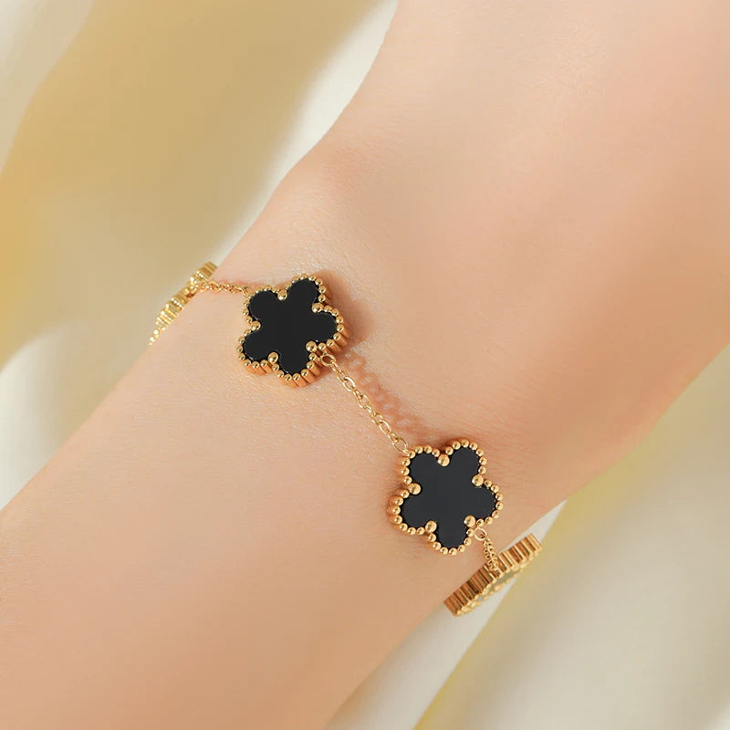 GANEMLY 316L Stainless Steel 4-Color Five-Leaf Clover Jewelry Set – Necklace, Bracelet, and Earrings for Women