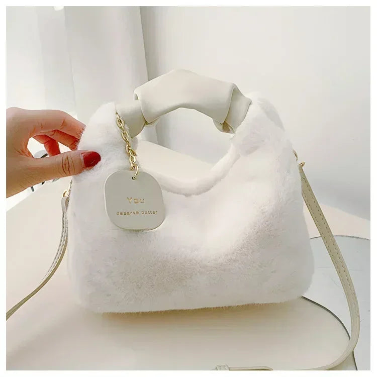 Women’s Faux Fur Plush Handbag – Ruched Handle Small Shoulder & Crossbody Tote for Winter