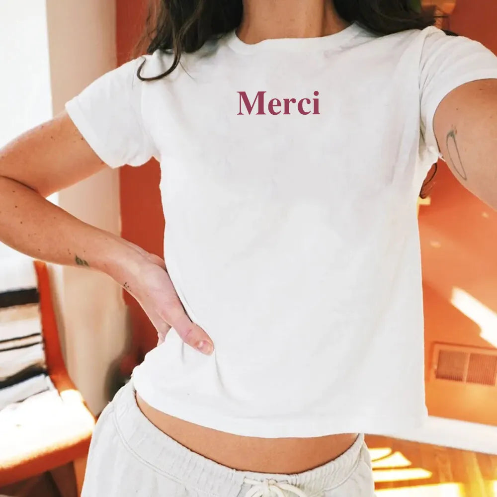 Merci Letter Print Cotton T-Shirt – Women’s Loose Casual Elegant Summer Tee