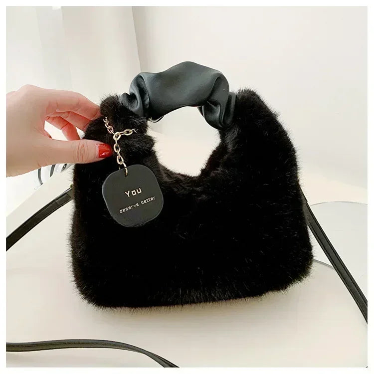 Women’s Faux Fur Plush Handbag – Ruched Handle Small Shoulder & Crossbody Tote for Winter