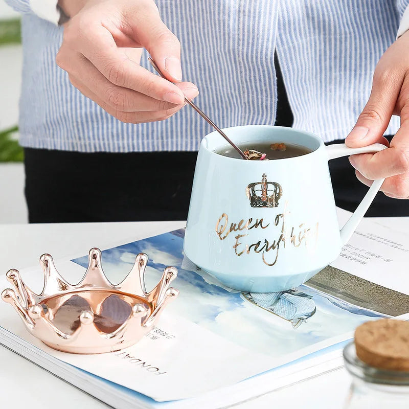 400ml Crown Ceramic Coffee Cup Fine Couple Mug with Lid Simple Afternoon Tea Coffee Cup Breakfast Milk Coffee Mug Birthday Gift
