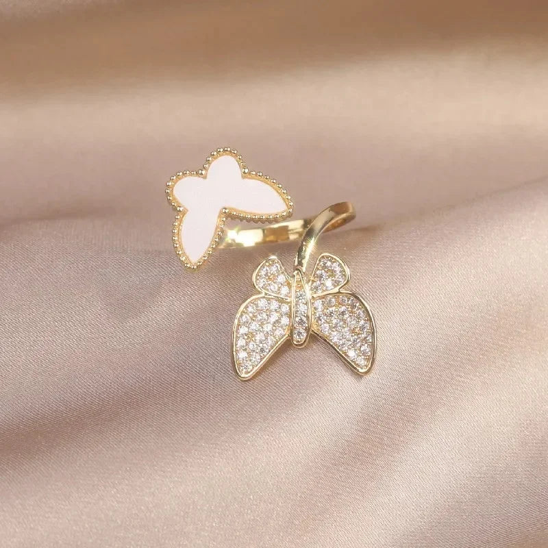 Gold plated simple double love crystal ring elegant women's daily opening ring accessories