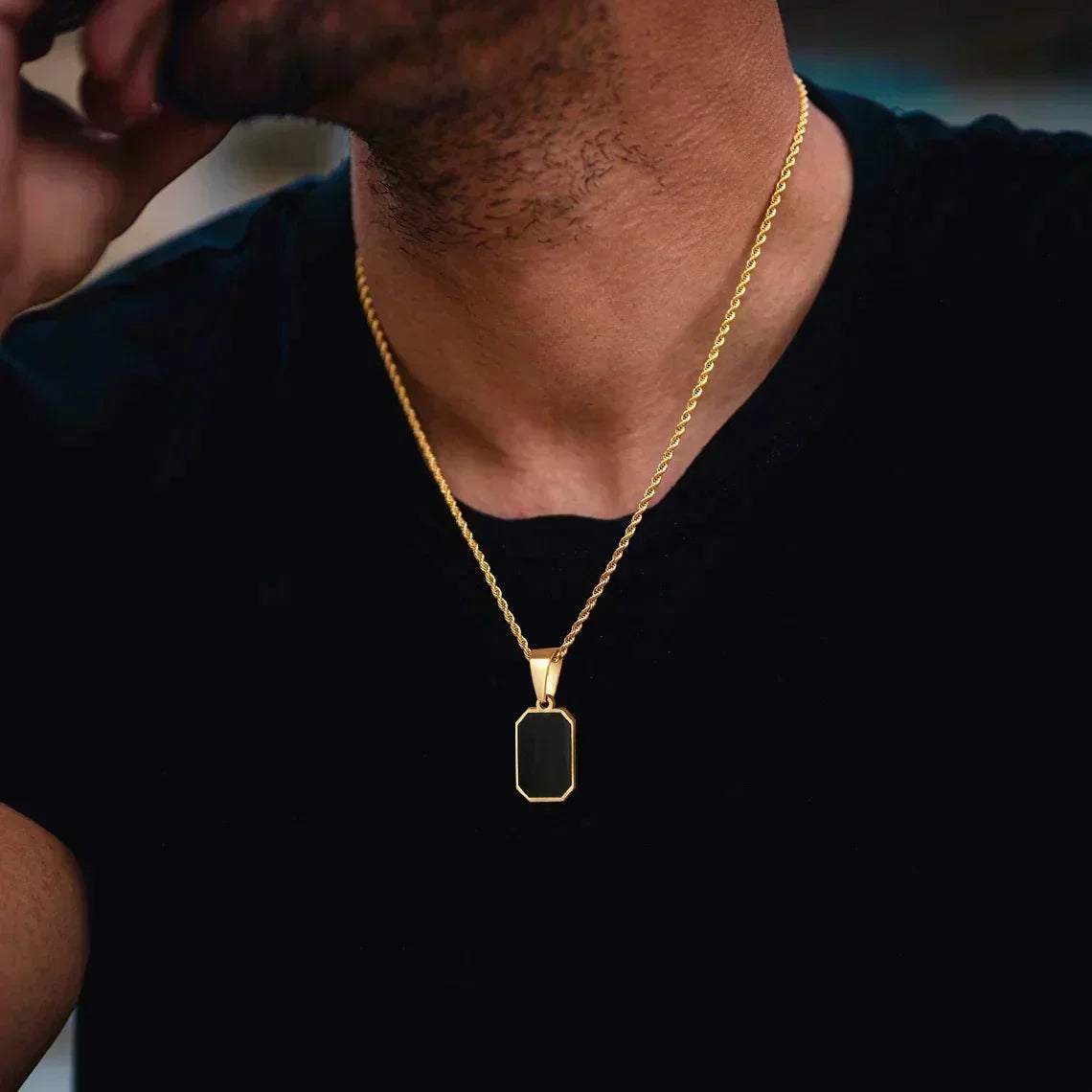 Gold Geometric Square Necklace for Men – Black Enamel Rectangle Pendant Stainless Steel Chain