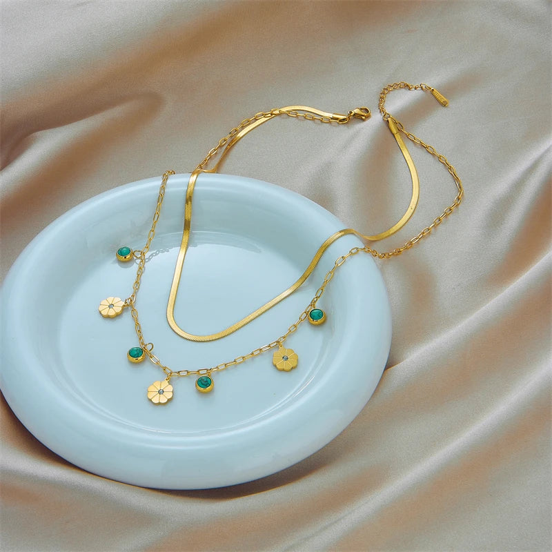 DIEYURO 316L Stainless Steel 2-Layer Necklace – Green Stone Flower Pendant for Women’s Fashion Jewelry