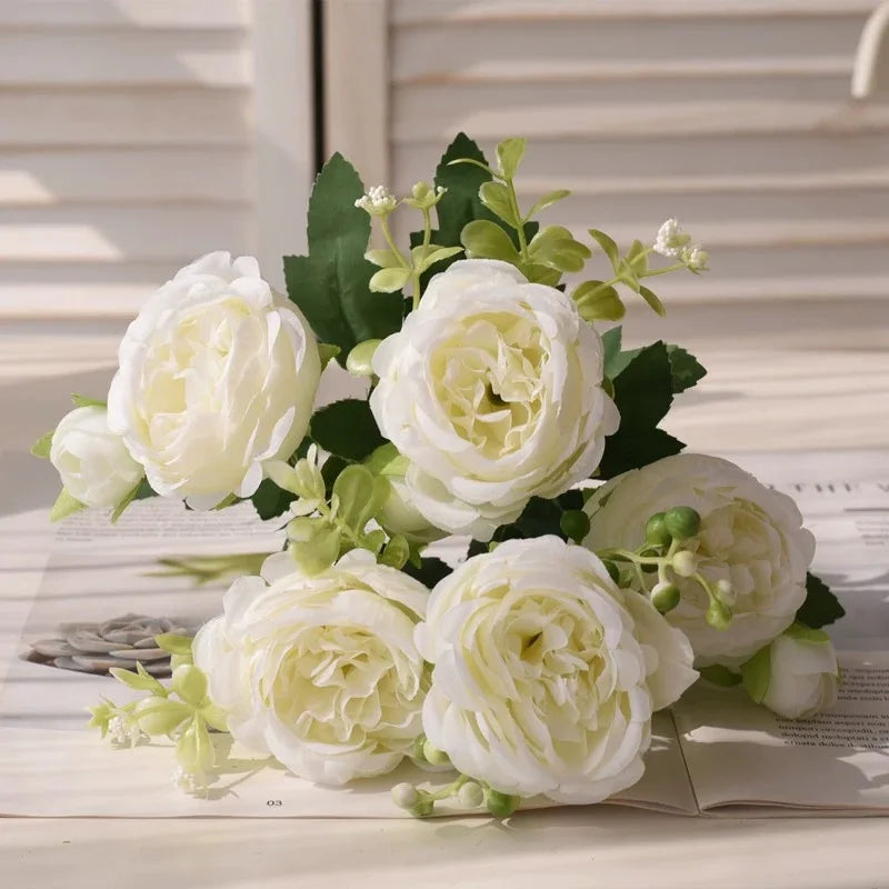 30cm Rose Pink Peony Silk Bouquet – Artificial Flower with 5 Big Heads & 4 Small Buds for Weddings and Home Decor