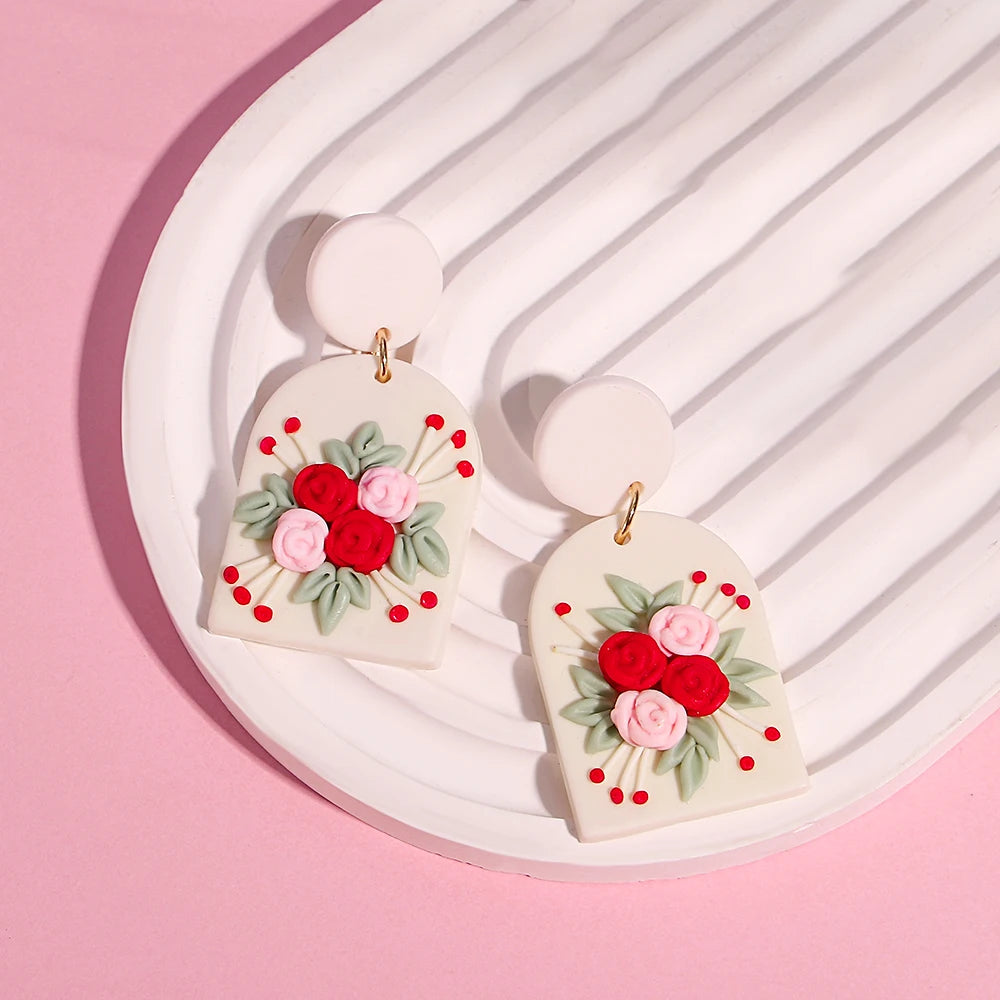 Polymer Clay Heart Earrings for Women – Handmade Valentine's Day Gift, Flower & Heart Drop Earrings