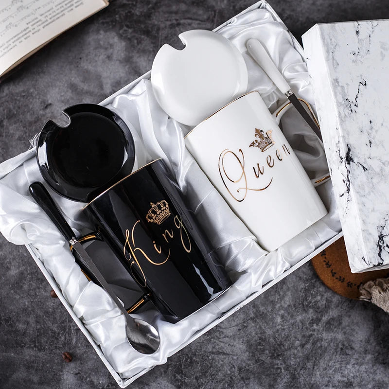 2-Piece Ceramic Couple Mug Set with Lids & Spoons – King & Queen Design for Valentine's Day, Wedding, or Birthday Gifts – 400ml