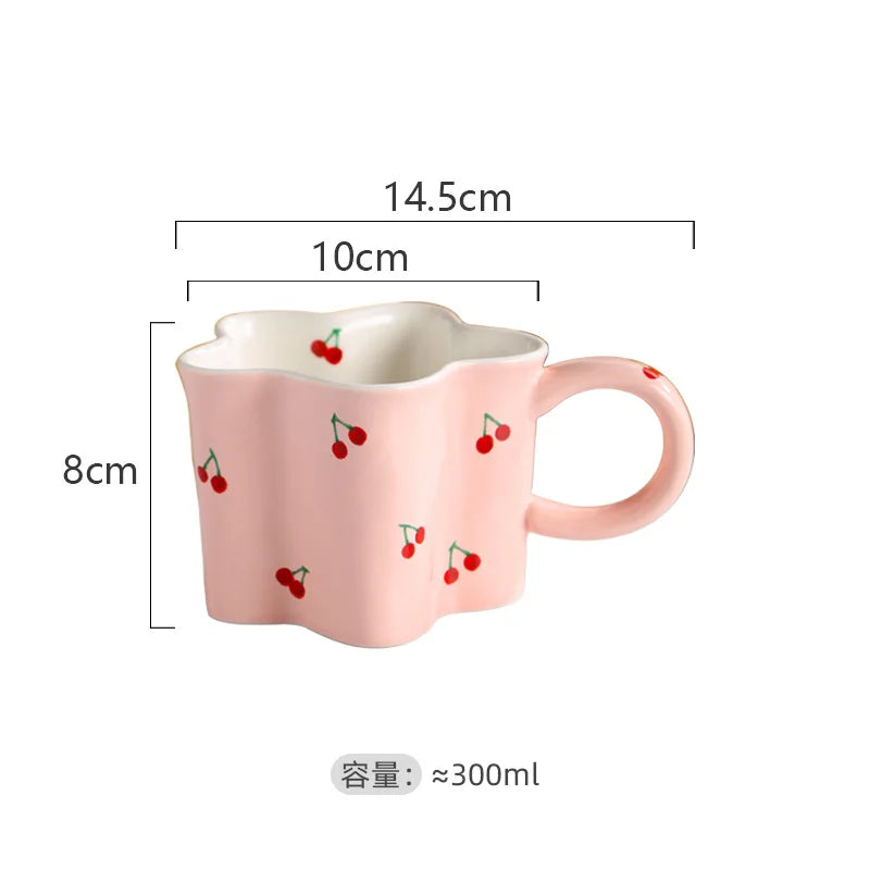 Flower Shape Ceramic Mug with Cartoon Cherry Print, Cute Milk Coffee Cup, Birthday Gift for Girls, Decorative Mug