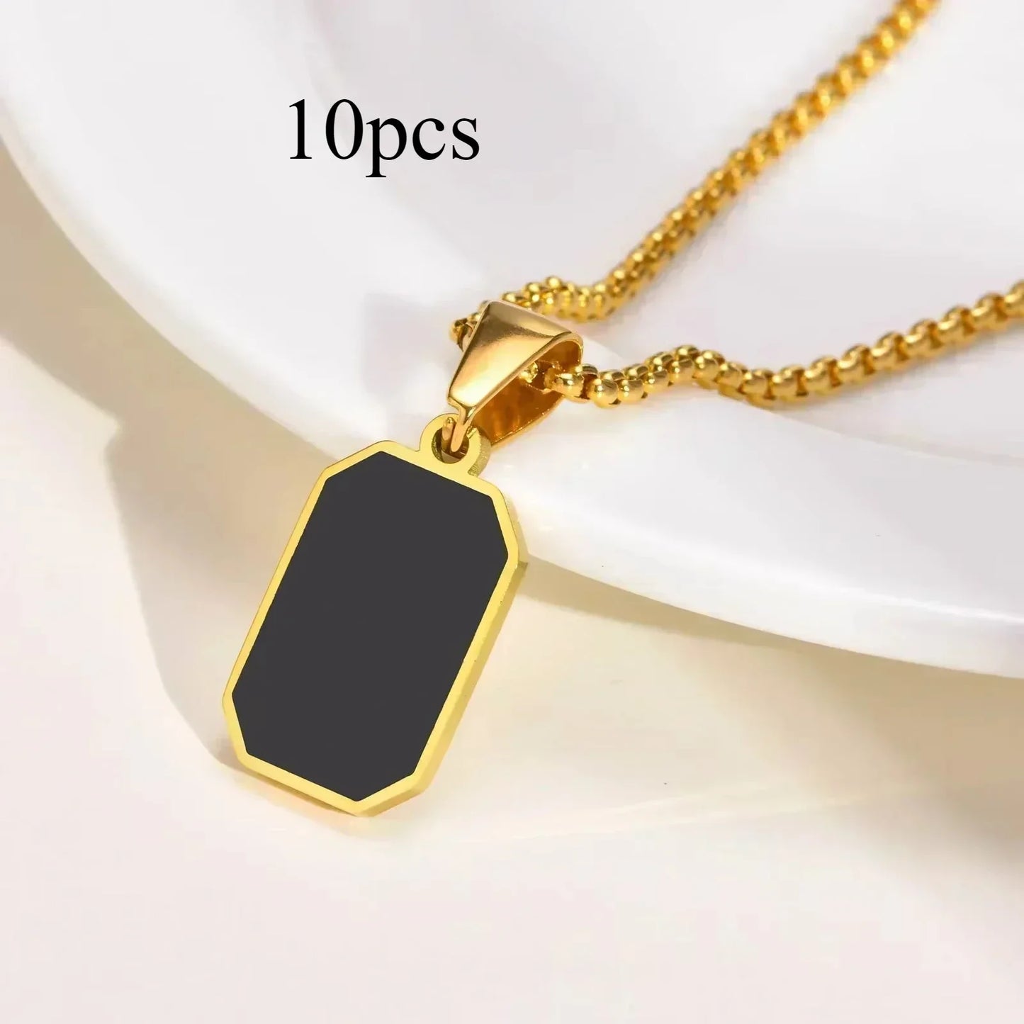 Gold Geometric Square Necklace for Men – Black Enamel Rectangle Pendant Stainless Steel Chain