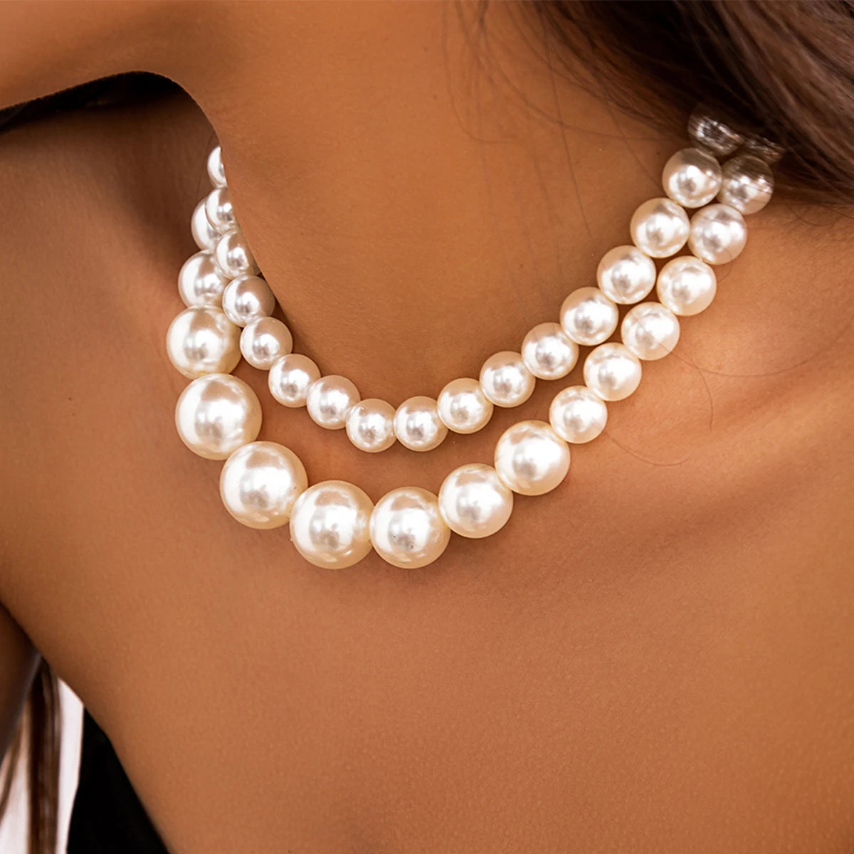 2Pcs/Set Luxury Big Imitation Pearl Multilayer Choker Necklace for Women
