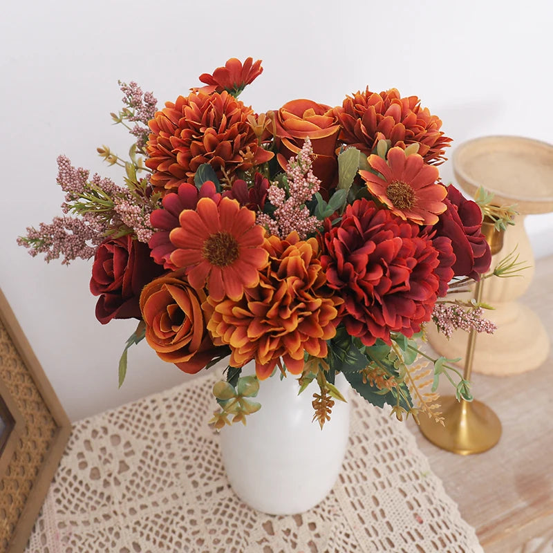 Artificial Autumn Roses & Silk Hydrangea Daisies – Home Table Bouquet for Weddings, Christmas, and Everyday Decor