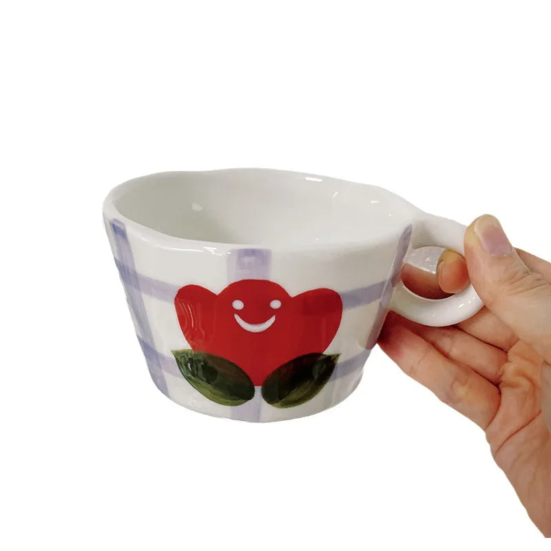 Cute Hand-Painted Ceramic Mugs – Strawberry, Flower, and Fruit Designs – 300ml Espresso & Coffee Cups for Kids and Girls