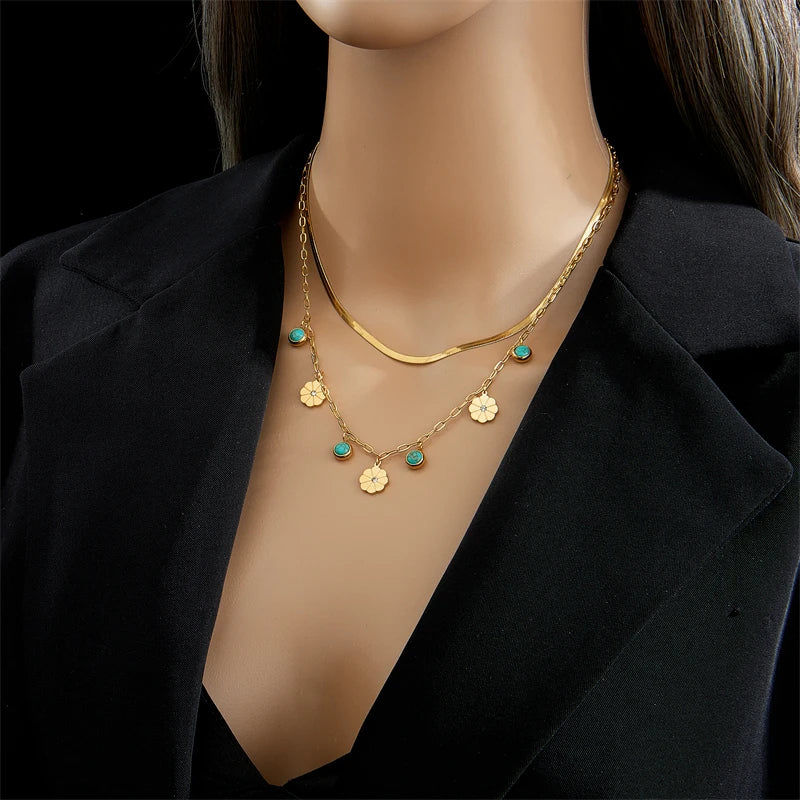 DIEYURO 316L Stainless Steel 2-Layer Necklace – Green Stone Flower Pendant for Women’s Fashion Jewelry