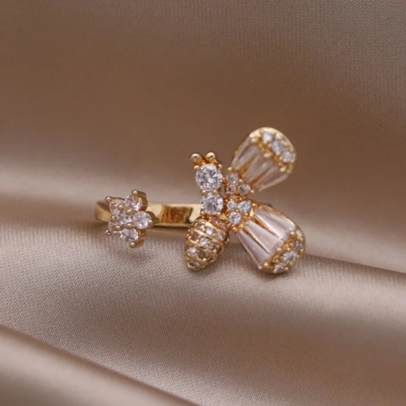 Gold plated simple double love crystal ring elegant women's daily opening ring accessories